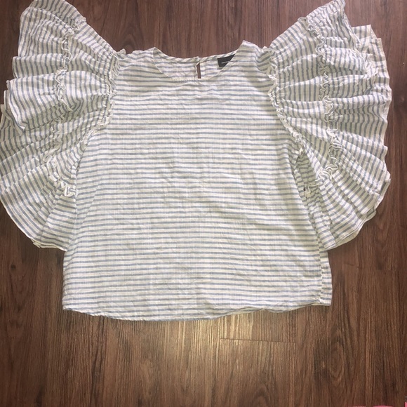 Blue White Stripe 100% Cotton Blouse Ruffle Sleeve - Picture 3 of 8